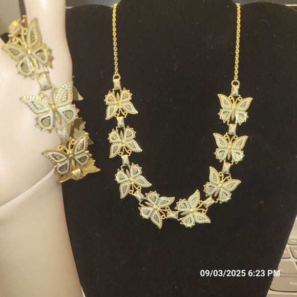 Damascene Spanish Butterfly Chain Link Gold Tone Necklace & Bracelet Vintage - Picture 4 of 8